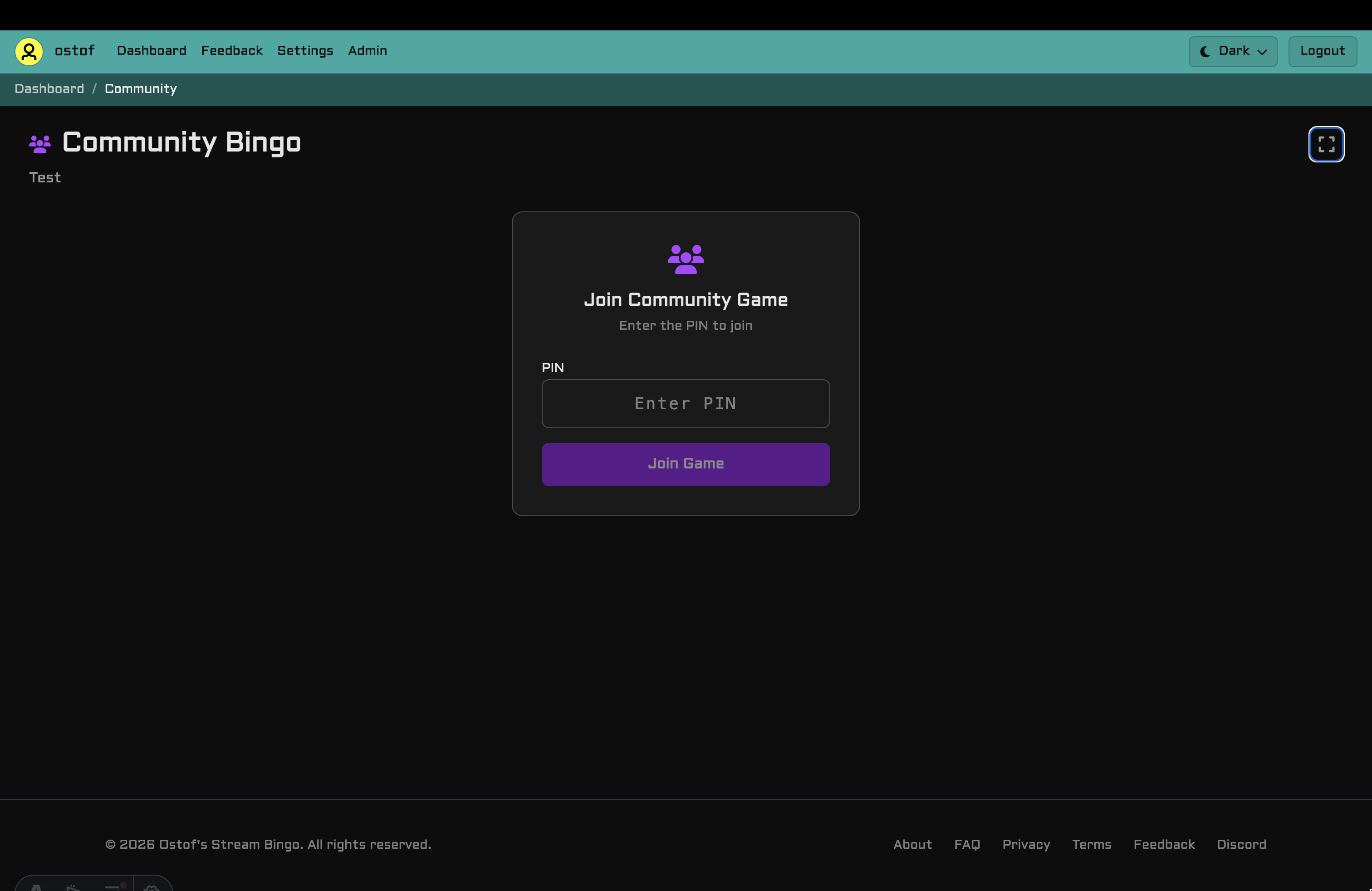 Community play PIN entry screen for joining a game